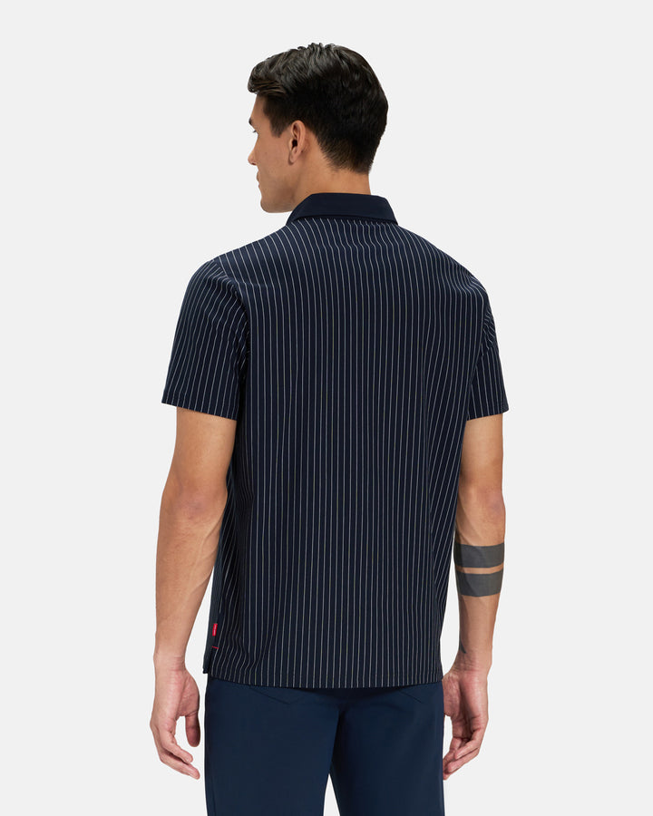 Back View of Navy Spectator Stripe Polo on Asian Male Model #color_navy