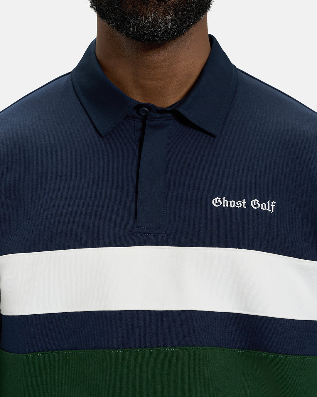 Front Closeup View of Navy Spectator Sweatshirt Polo on Black Male Model with Ghost Golf #color_navy