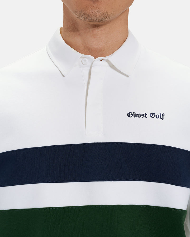 Front Closeup View of White Spectator Sweatshirt Polo on Asian Male Model with Ghost Golf #color_white