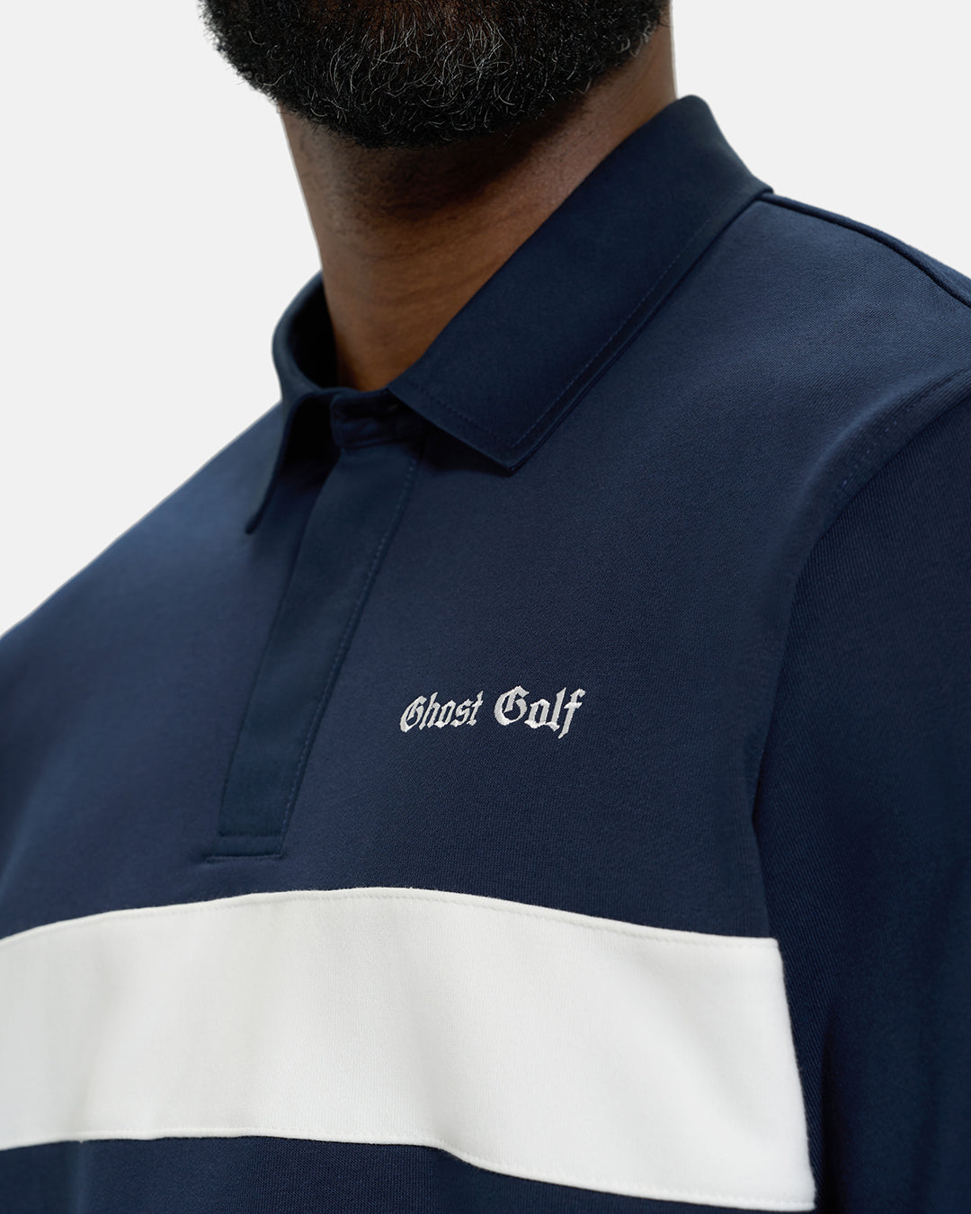 Front Closeup View of Navy Spectator Sweatshirt Polo on Black Male Model with Ghost Golf #color_navy