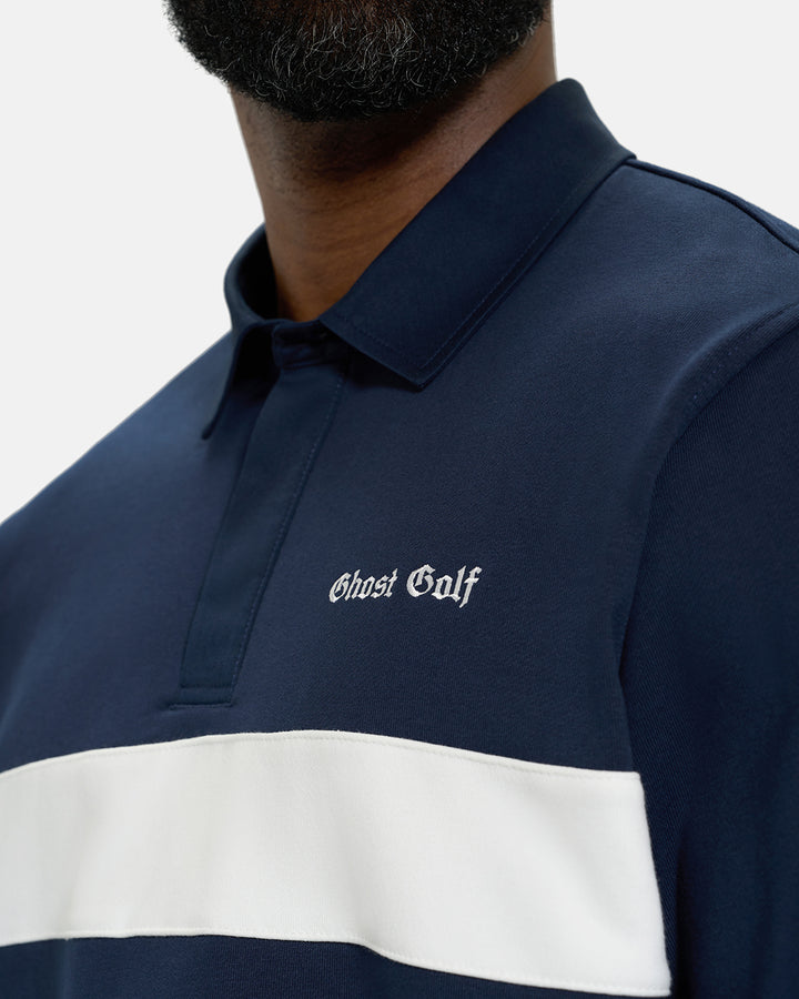 Front Closeup View of Navy Spectator Sweatshirt Polo on Black Male Model with Ghost Golf #color_navy