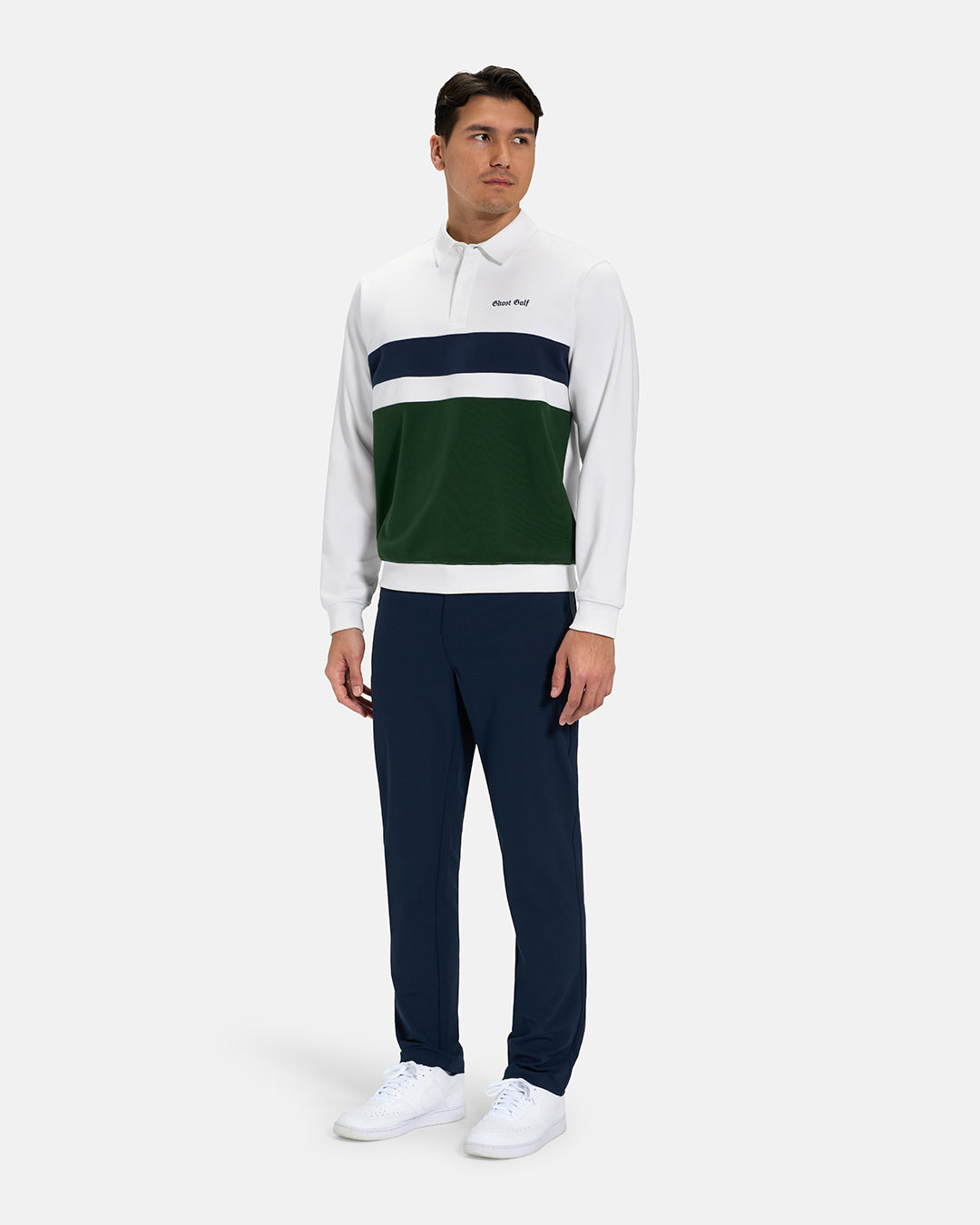 Full Body View of White Spectator Sweatshirt Polo on Asian Male Model wearing navy pants and white shoes with Ghost Golf #color_white