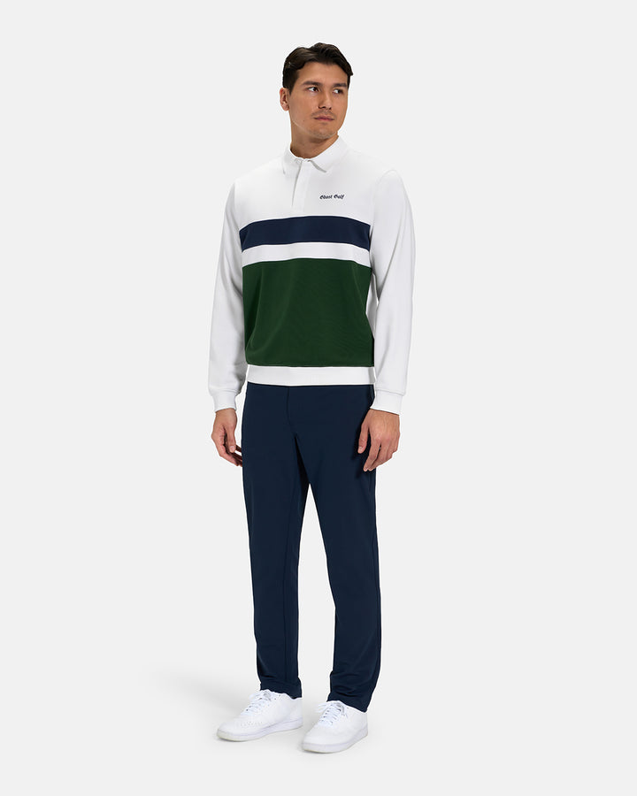 Full Body View of White Spectator Sweatshirt Polo on Asian Male Model wearing navy pants and white shoes with Ghost Golf #color_white