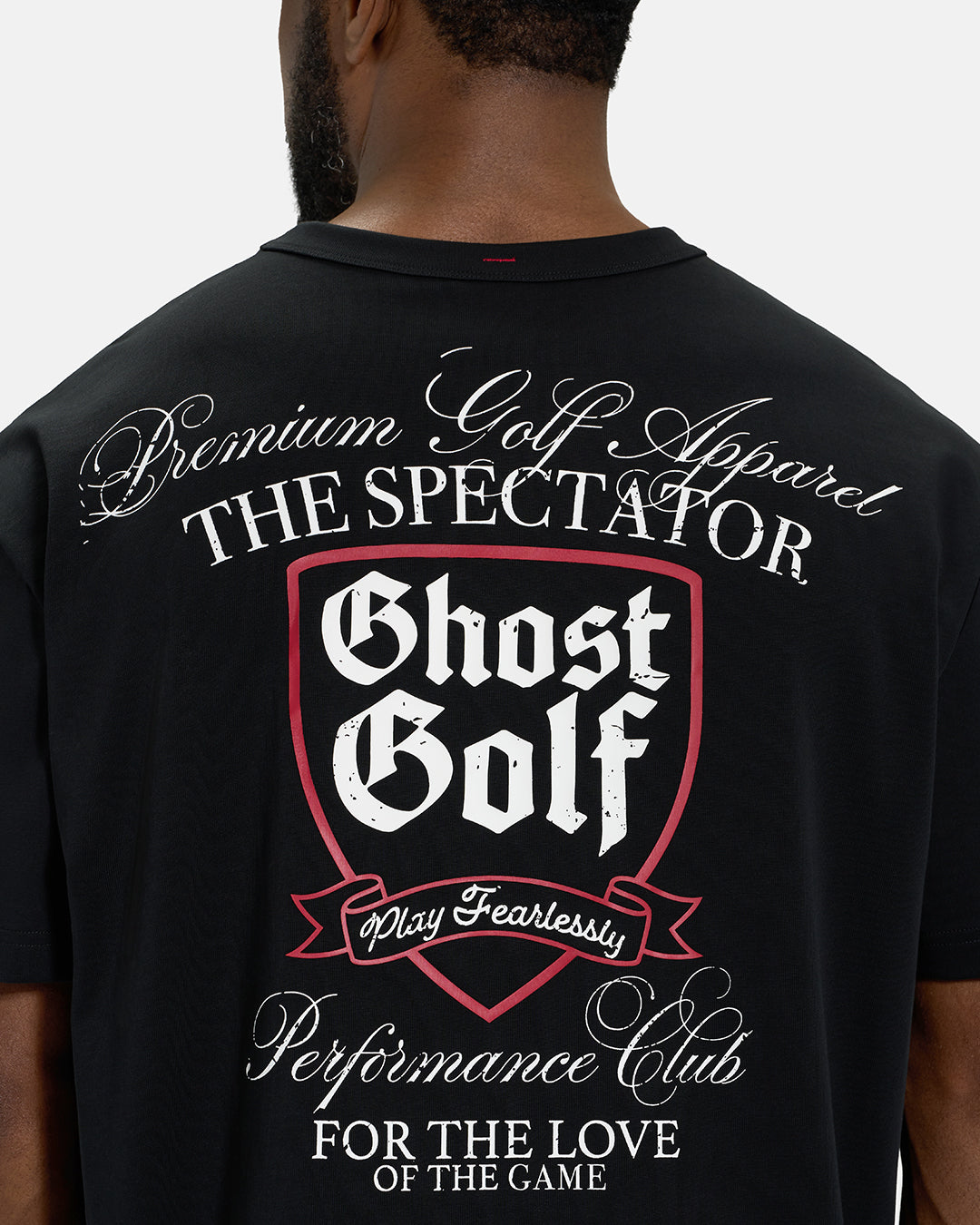 Back Closeup View of Black Spectator Tee on Black Male Model with Ghost Golf Graphic #color_black