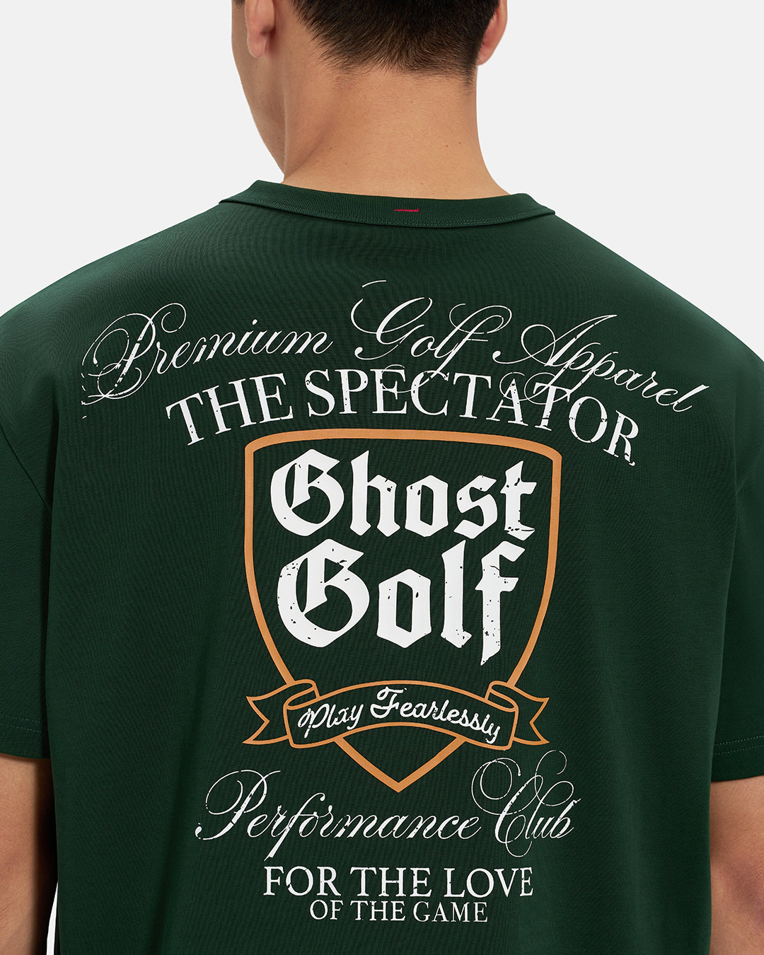 Back Closeup View of Bogey Green Spectator Tee on Asian Male Model with Ghost Golf Graphic #color_bogey-green