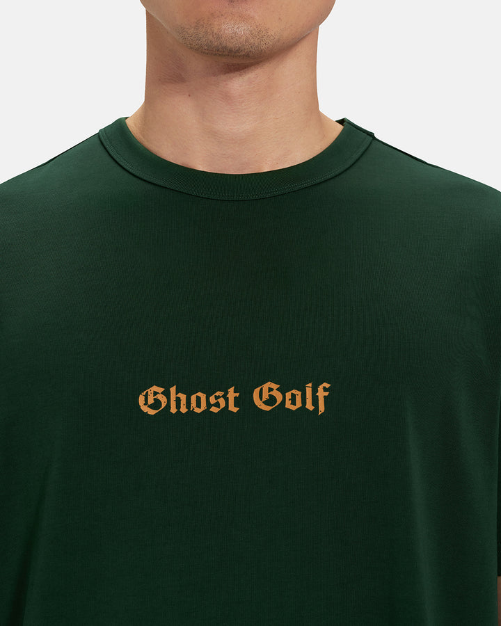 Front Closeup View of Bogey Green Spectator Tee on Asian Male Model with Ghost Golf #color_bogey-green