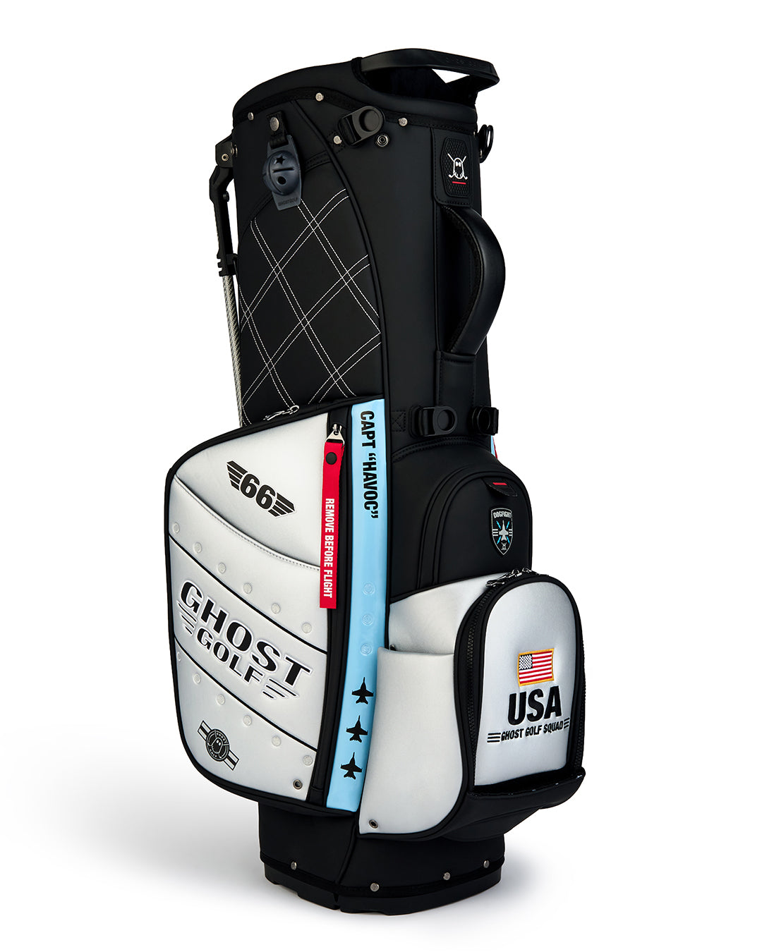 Three Quarter View of Striker Anyday Bag with Ghost Golf Branding