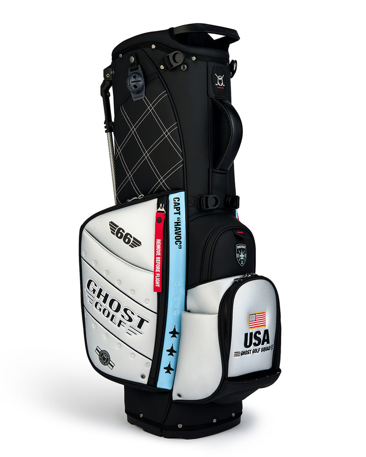 Three Quarter View of Striker Anyday Bag with Ghost Golf Branding