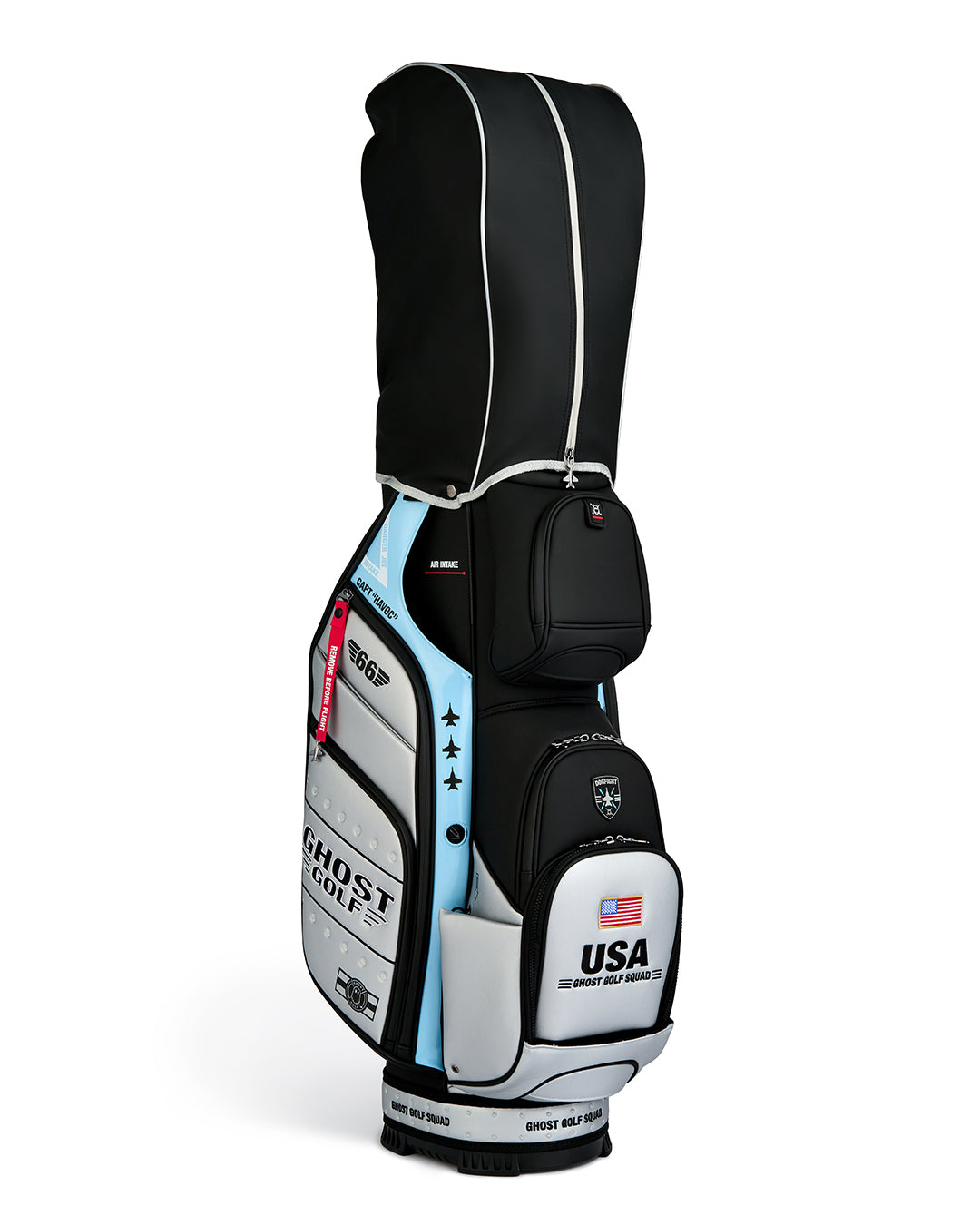 Three Quarter View of Striker Gt-14 Cart bag with rain hood cover attached
