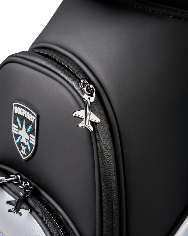 Closeup detail shot of GT-14 Striker Bag showcasing zipper as fighter jet