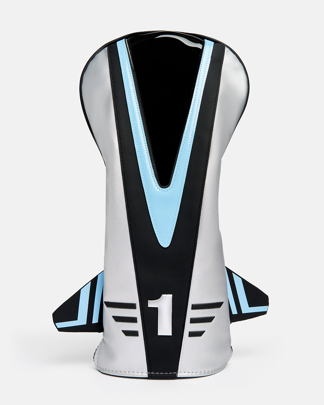 Front product shot of the Striker Primary Driver Head Cover designed in the shape of a fighter jet. Features a clear viewing window at the top and an embroidered number "3" at the bottom of the cover. Front-facing image highlighting the aviation-inspired silhouette, premium construction, and distinctive Ghost Golf design details. #size_driver