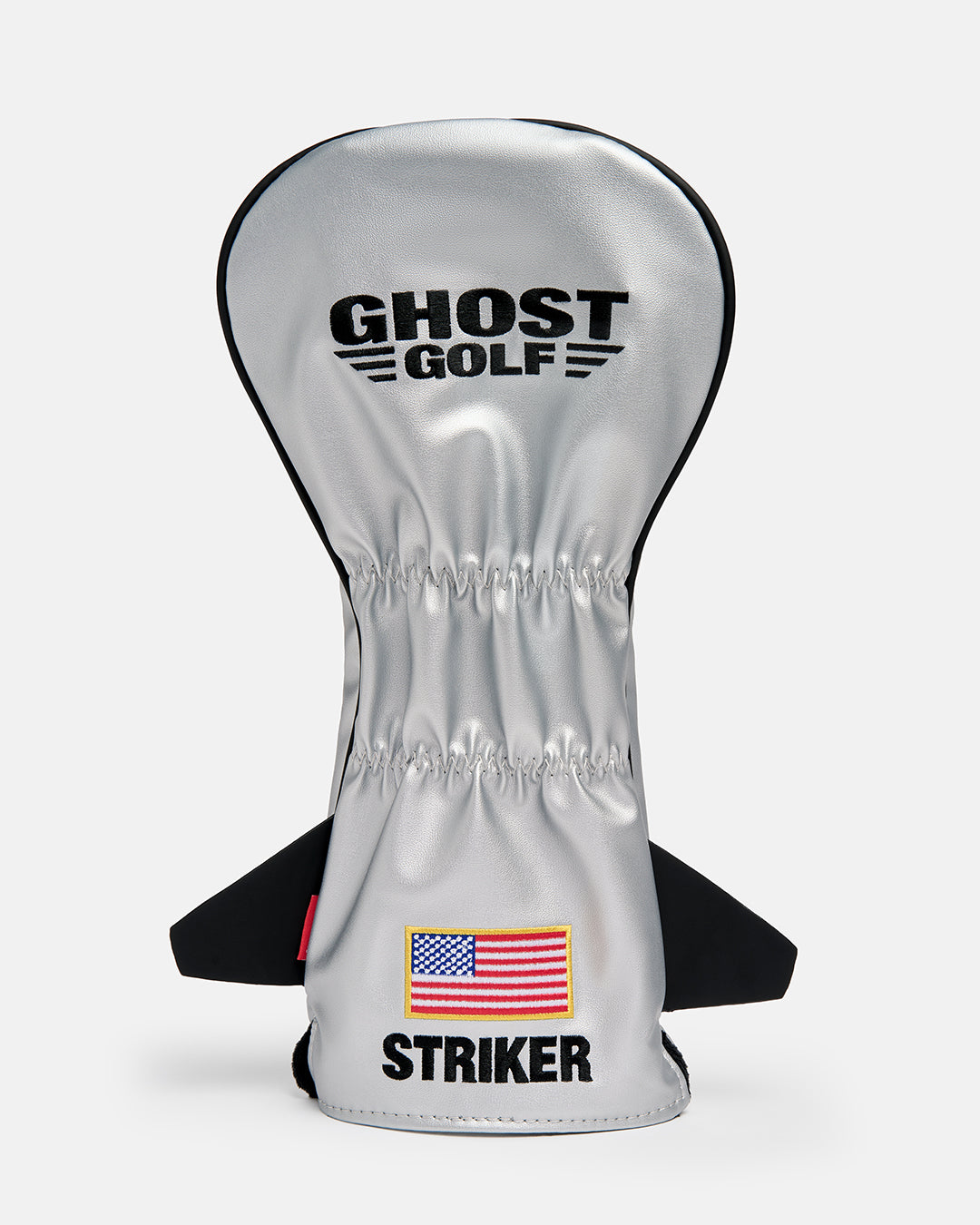 Back product shot of the Striker Primary Driver Head Cover featuring the Ghost Golf logo embroidered at the top and an embroidered USA flag beneath it with "Striker" text. Rear-facing view highlighting the premium embroidery, patriotic detailing, and signature Ghost Golf branding. #size_3-wood