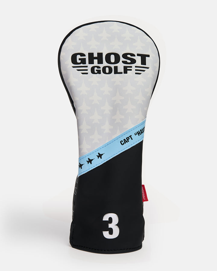Front product shot of the Striker Secondary 3 Wood Head Cover featuring the Ghost Golf logo, an aviation-inspired fighter jet graphic across the upper portion, and a solid-color lower section with the embroidered number "1." Clean front-facing view highlighting the premium materials, bold design elements, and signature Ghost Golf branding. #size_3-wood