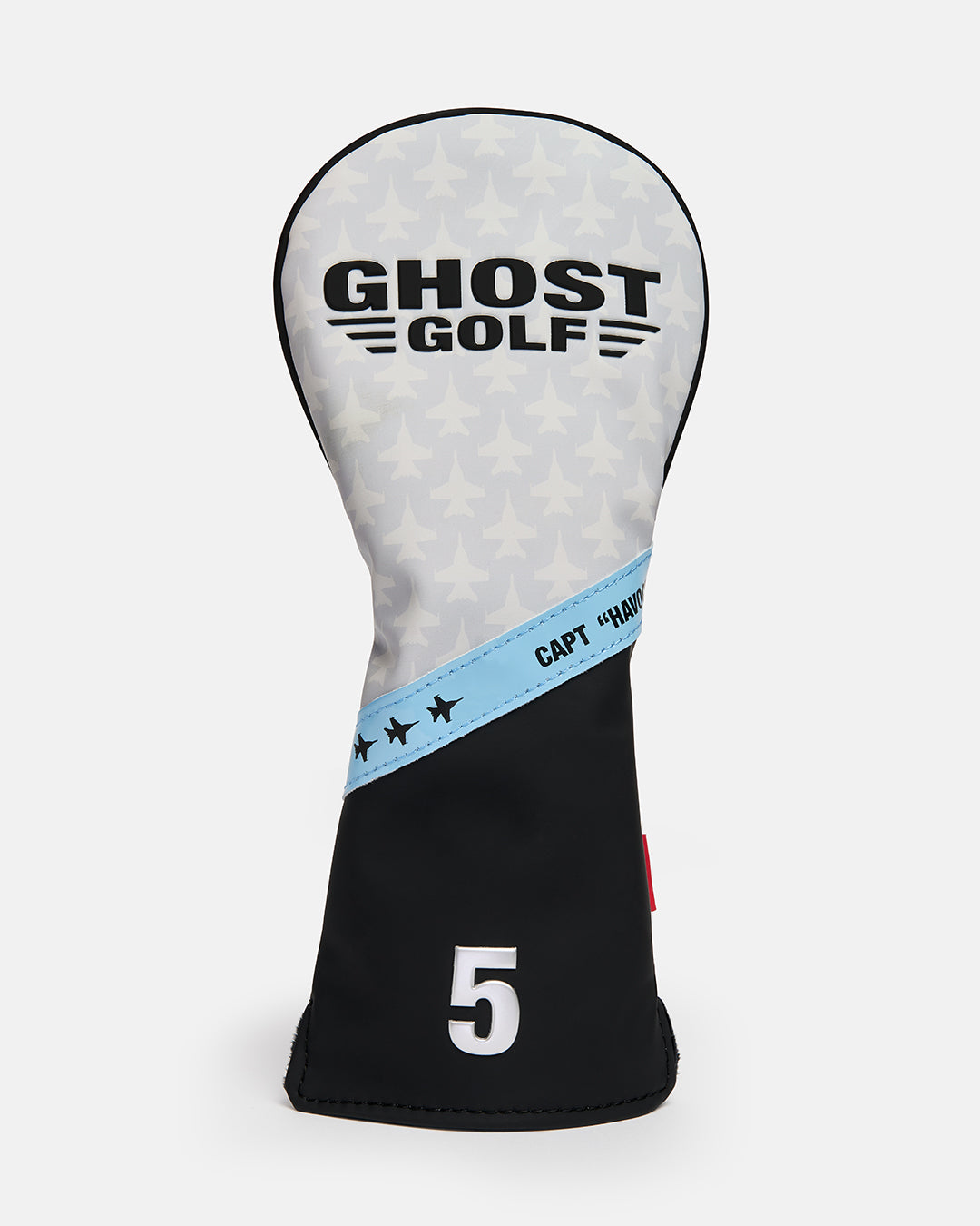 Front product shot of the Striker Secondary 5 Wood Head Cover featuring the Ghost Golf logo, an aviation-inspired fighter jet graphic across the upper portion, and a solid-color lower section with the embroidered number "1." Clean front-facing view highlighting the premium materials, bold design elements, and signature Ghost Golf branding. #size_5-wood