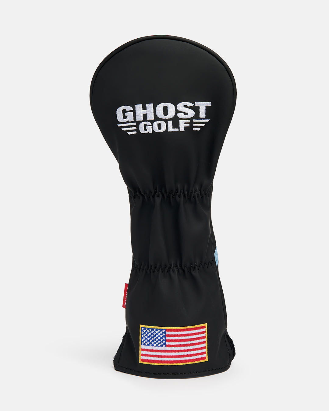 Back Product Shot of Striker Tertiary 5 Wood Head Cover Showcasing Embroidered Ghost golf Logo and USA Flag #size_5-wood