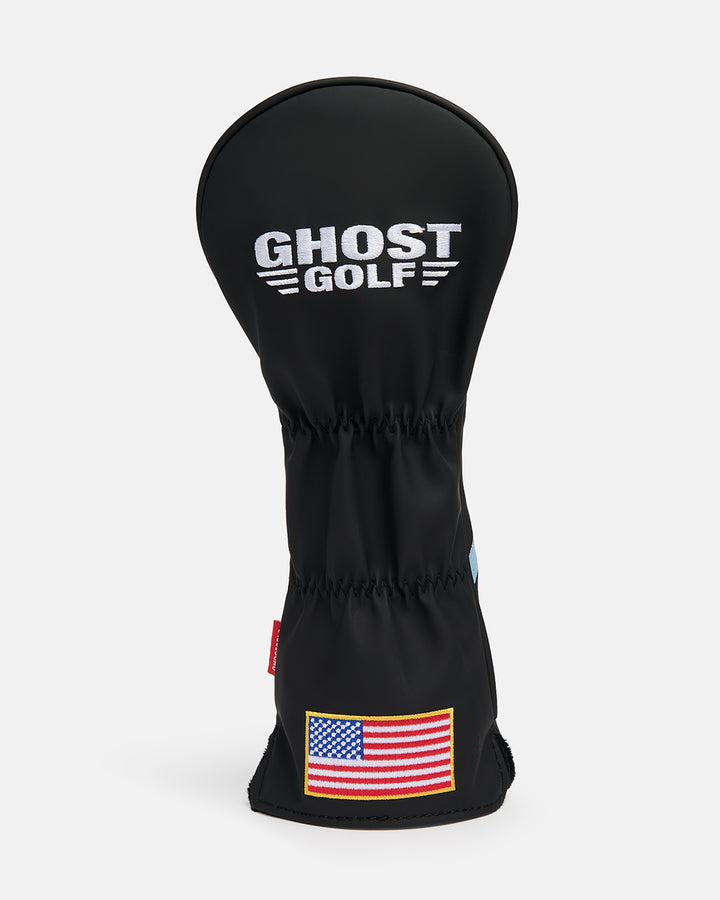 Back Product Shot of Striker Tertiary 5 Wood Head Cover Showcasing Embroidered Ghost golf Logo and USA Flag #size_5-wood
