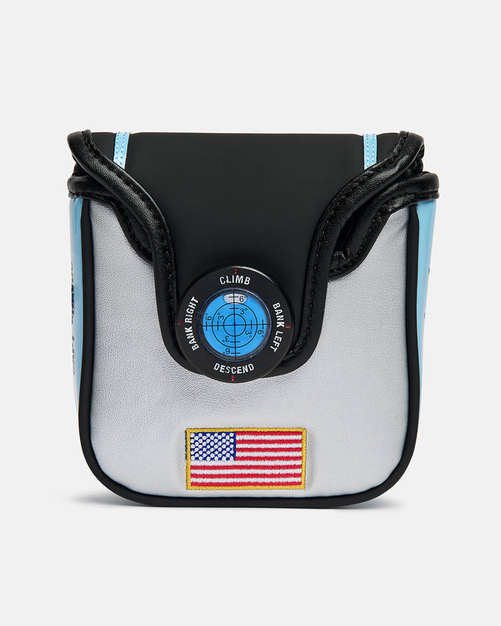 Back product shot of the Striker Mallet Putter Cover featuring an aviation-inspired elevation button with directional indicators for climb, descend, bank left, and bank right. The cover also includes an embroidered USA flag at the bottom, showcasing premium craftsmanship, patriotic detailing, and signature Ghost Golf design elements.