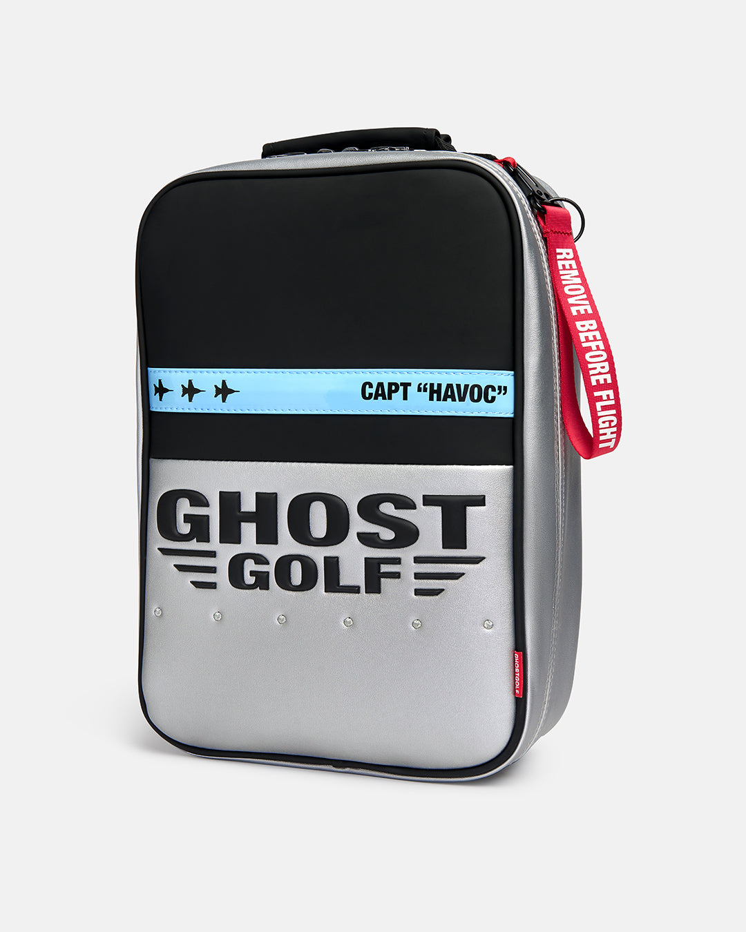 Front product shot of the Striker Shoe Bag featuring the custom Ghost Golf logo and Capt Havoc graphic on the front panel. Clean front-facing image highlighting the bag’s premium design, bold branding, and functional storage for golf footwear.