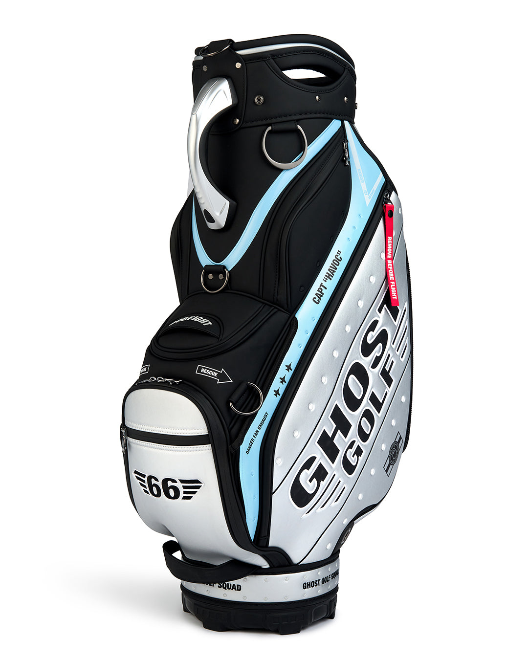 Three-quarter view of the Striker Staff Bag showcasing prominent Ghost Golf logo branding. Angled product image highlighting the bag’s premium construction, patriotic design elements, custom embroidered details, and signature Ghost Golf styling.