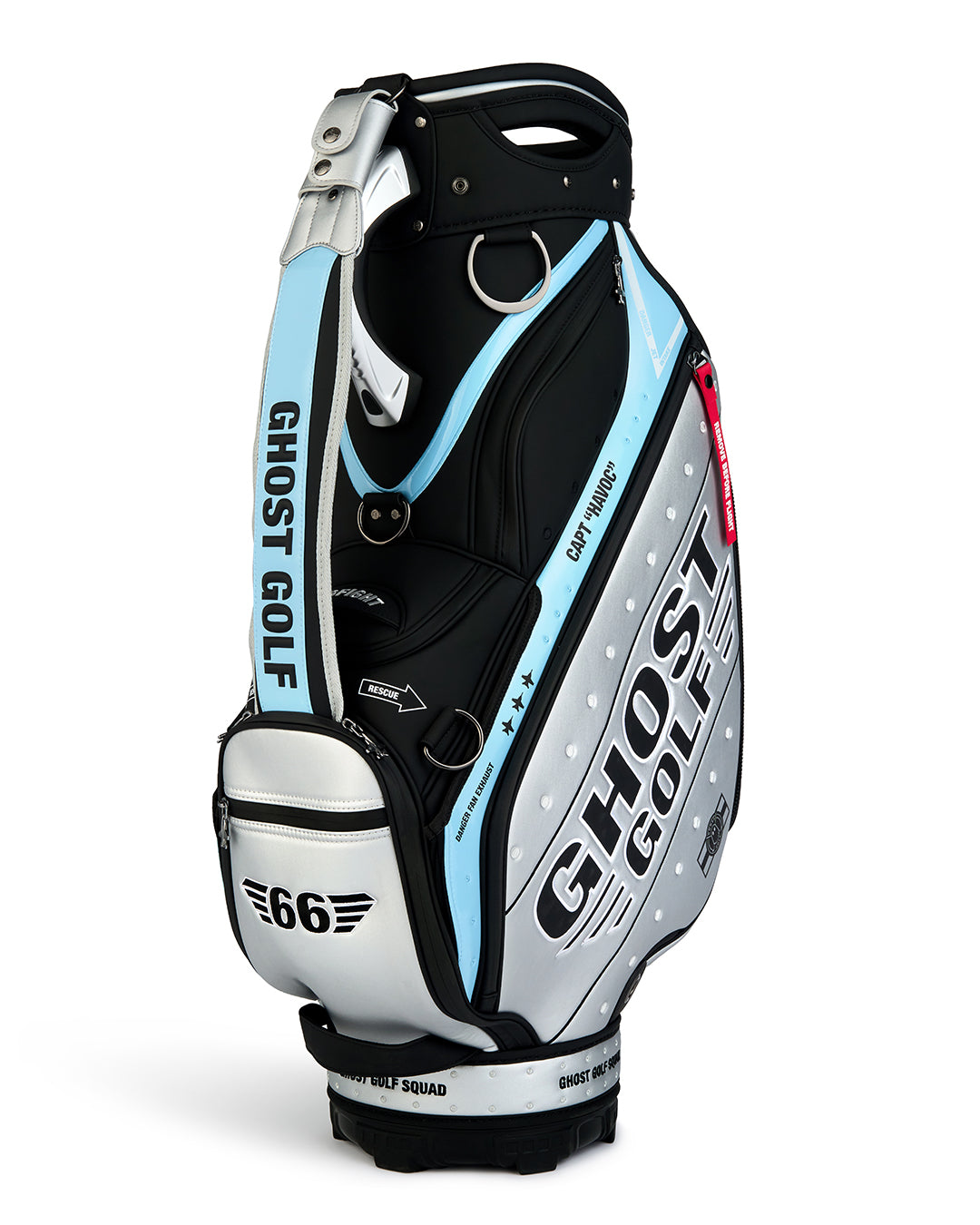 Three-quarter view of the Striker Staff Bag showcasing the padded shoulder strap, premium construction, and streamlined silhouette. Angled product image highlighting the bag's carrying comfort, functional design, and signature Ghost Golf details.