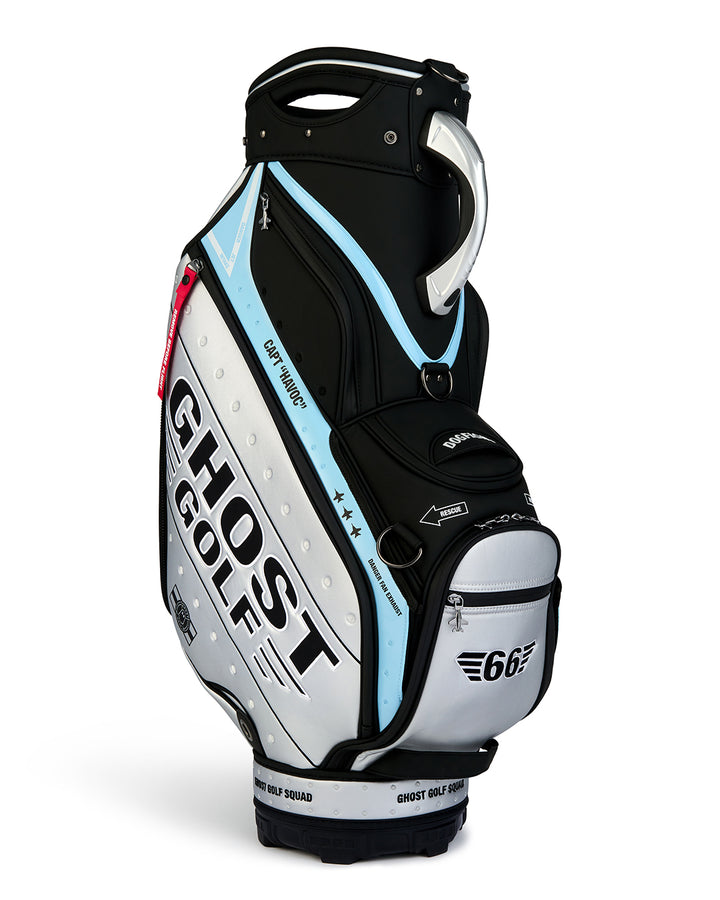 Three-quarter view of the Striker Staff Bag showcasing prominent Ghost Golf logo branding. Angled product image highlighting the bag’s premium construction, patriotic design elements, custom embroidered details, and signature Ghost Golf styling.