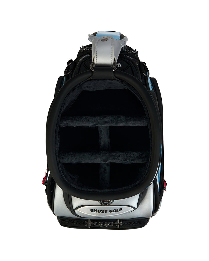 Top view of the Striker Staff Bag showcasing premium velvet-lined golf club dividers, designed to protect club shafts and organize clubs within the bag.