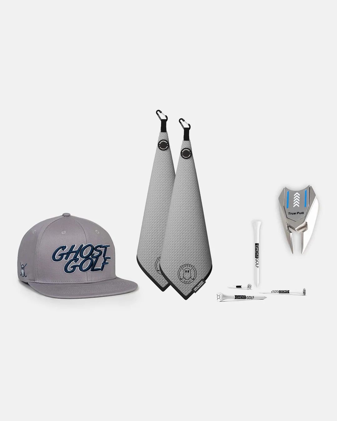 Product Shot of Grey Greensdide Magnetic Towel and grey golf hat, divot tools and golf tees #color_grey