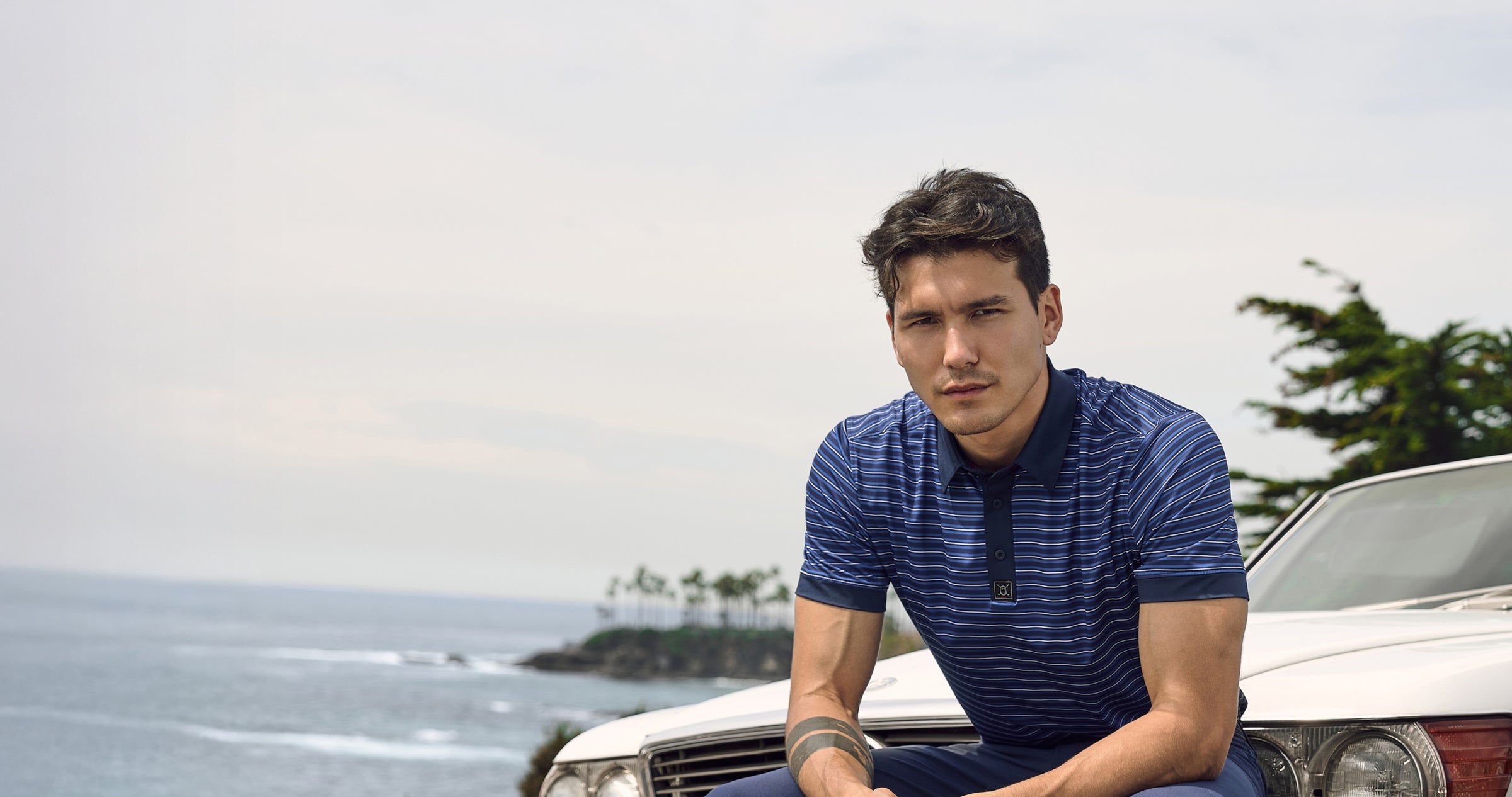 Web_Polo_Collection_Banner_Footer_Male Model wearing Navy Lined Shirt