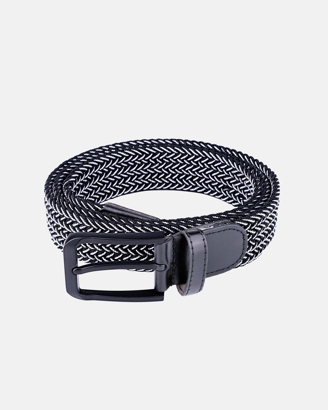 Black/White Belt with Black Buckle and Black PU Leather tail with Logo