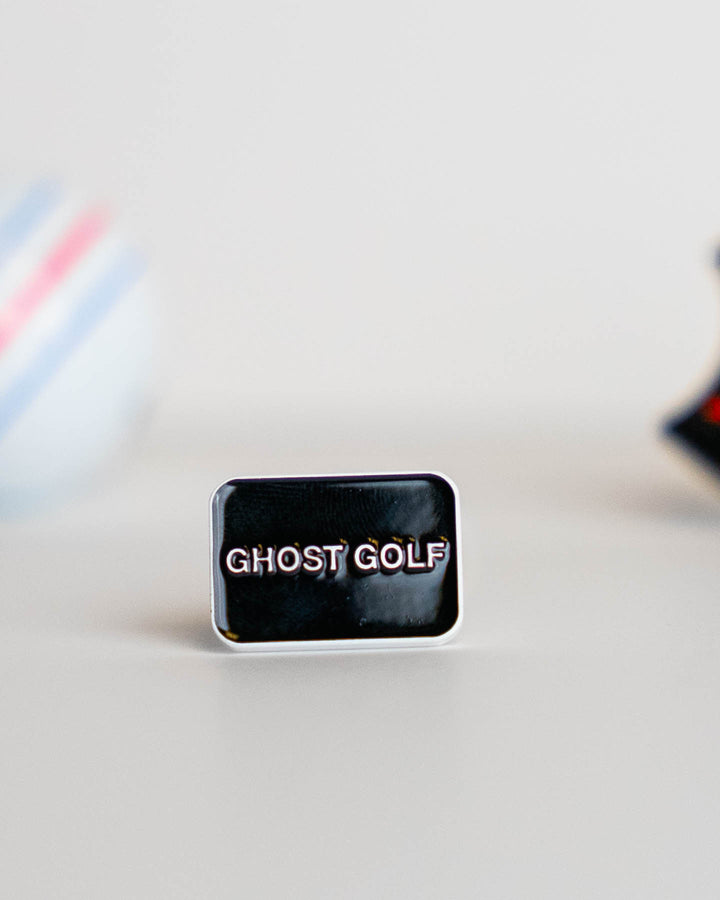 Golf Ball Marker Black Rectangle with White Ghost Golf Print