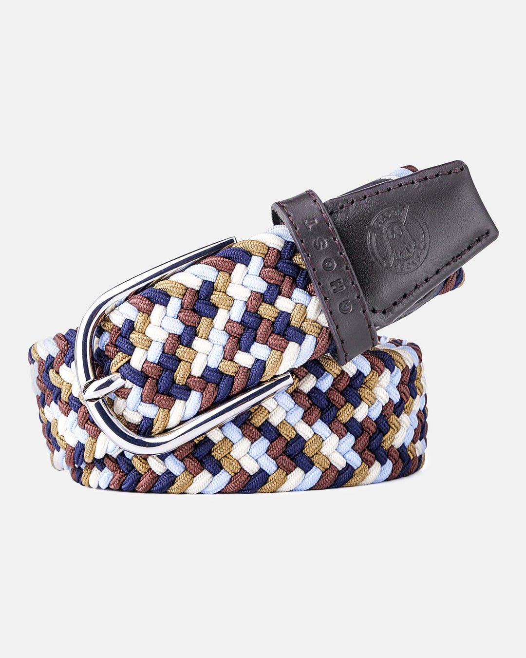 Ghost Golf Dark Brown/Navy Blue/Khaki Multi Color Belt with Rounded Steel Buckle and Dark Brown Leather Tail