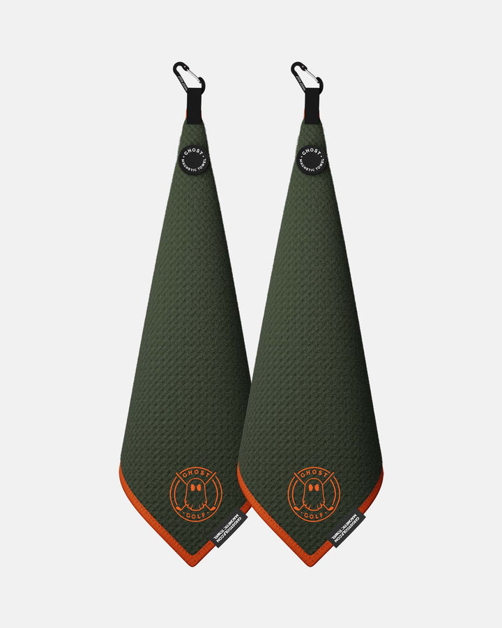 2 Greenside towels with Magnet Patch and Carabiner. Color Rifle Green